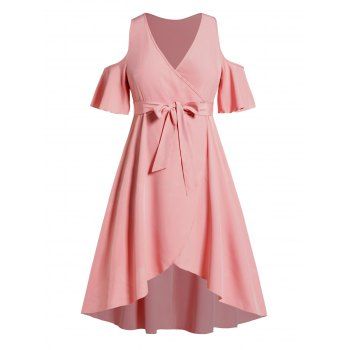 

Plus Size & Curve Dress Cold Shoulder High Low Dress Surplice Plunge Belted Overlap Midi Dress, Light pink