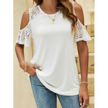 

Cold Shoulder Short Sleeve T-shirt See Thru Lace Panel Solid Color Tee, White