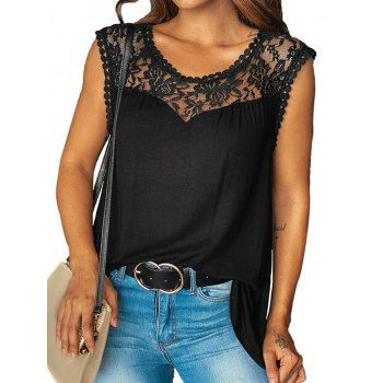 

Plain Color T Shirt Lace Panel Sleeveless Casual Tee, Black