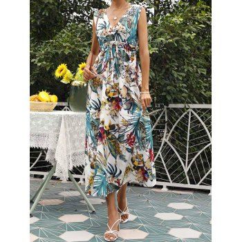 

Tropical Flower Leaf Print Vacation Dress Plunge Drawstring High Waist Midi Beach Dress, White