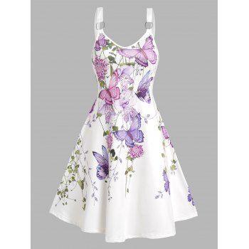 

Butterfly Flower Leaf Print Cottagecore Dress Sleeveless O Ring Strap V Neck A Line Dress, Light purple