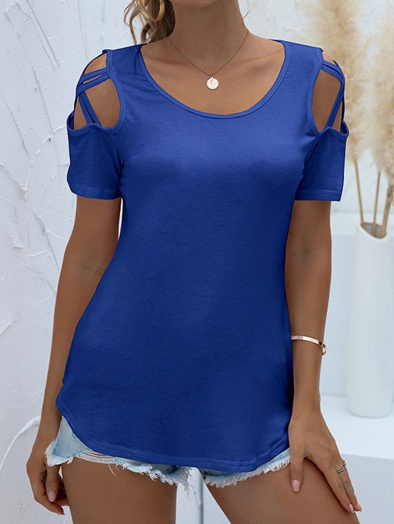 Cold Shoulder Crisscross Short Sleeve T-shirt Solid Color Curved Hem Casual Tee - BLUE 2XL