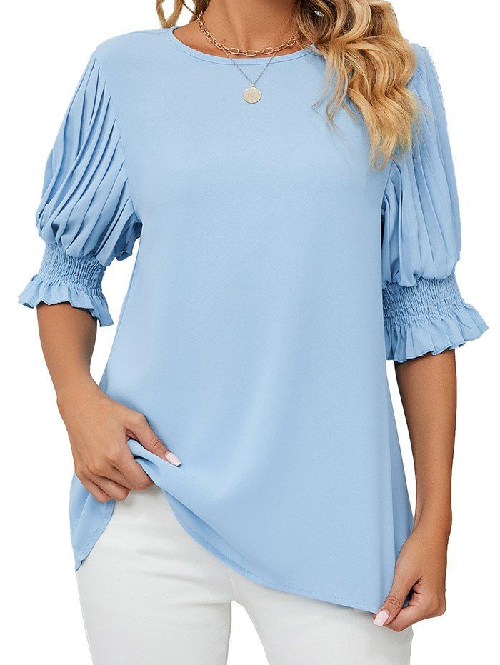 Pleated Half Sleeve Blouse Solid Color Keyhole Casual Blouse - LIGHT BLUE XL