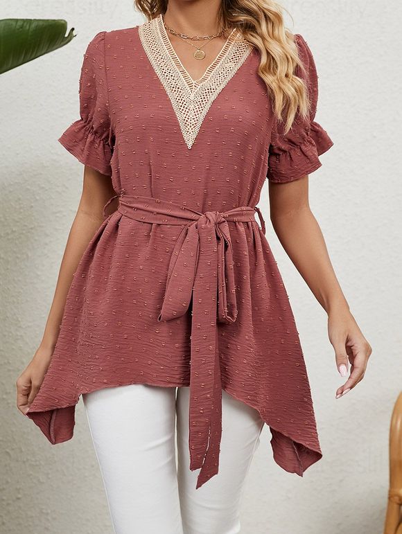 Chemisier Blouse Long Ceinturé Contrasté Panneau en Dentelle à Col V à Pois - Rouge XXL