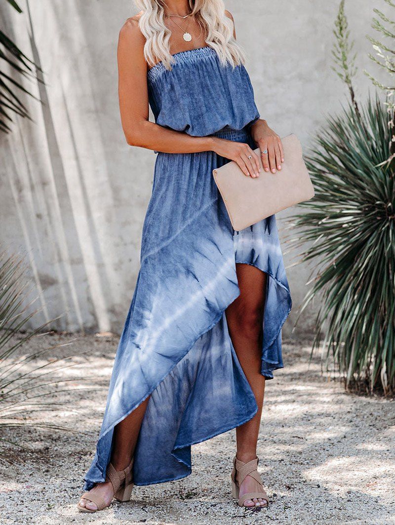 Tie Dye Dress Off The Shoulder High Waisted Shirred High Low Maxi Vacation Dress - BLUE M