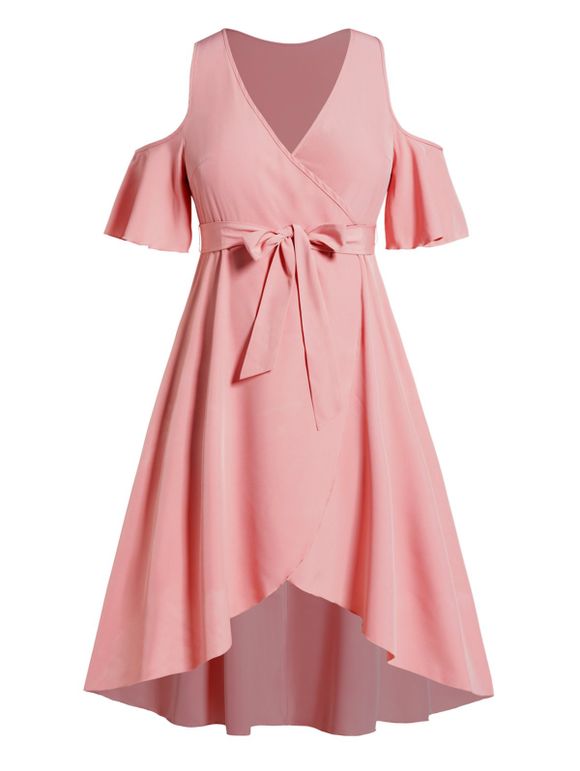 Plus Size & Curve Dress Cold Shoulder High Low Dress Surplice Plunge Belted Overlap Midi Dress - LIGHT PINK 5X