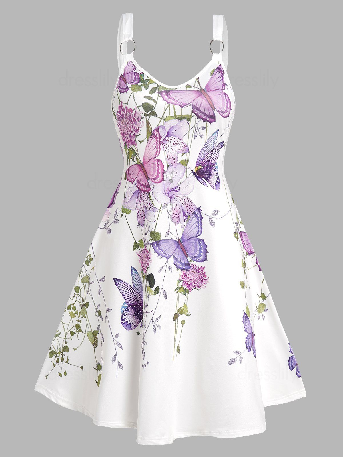 Butterfly Flower Leaf Print Cottagecore Dress Sleeveless O Ring Strap V Neck A Line Dress - LIGHT PURPLE XXL