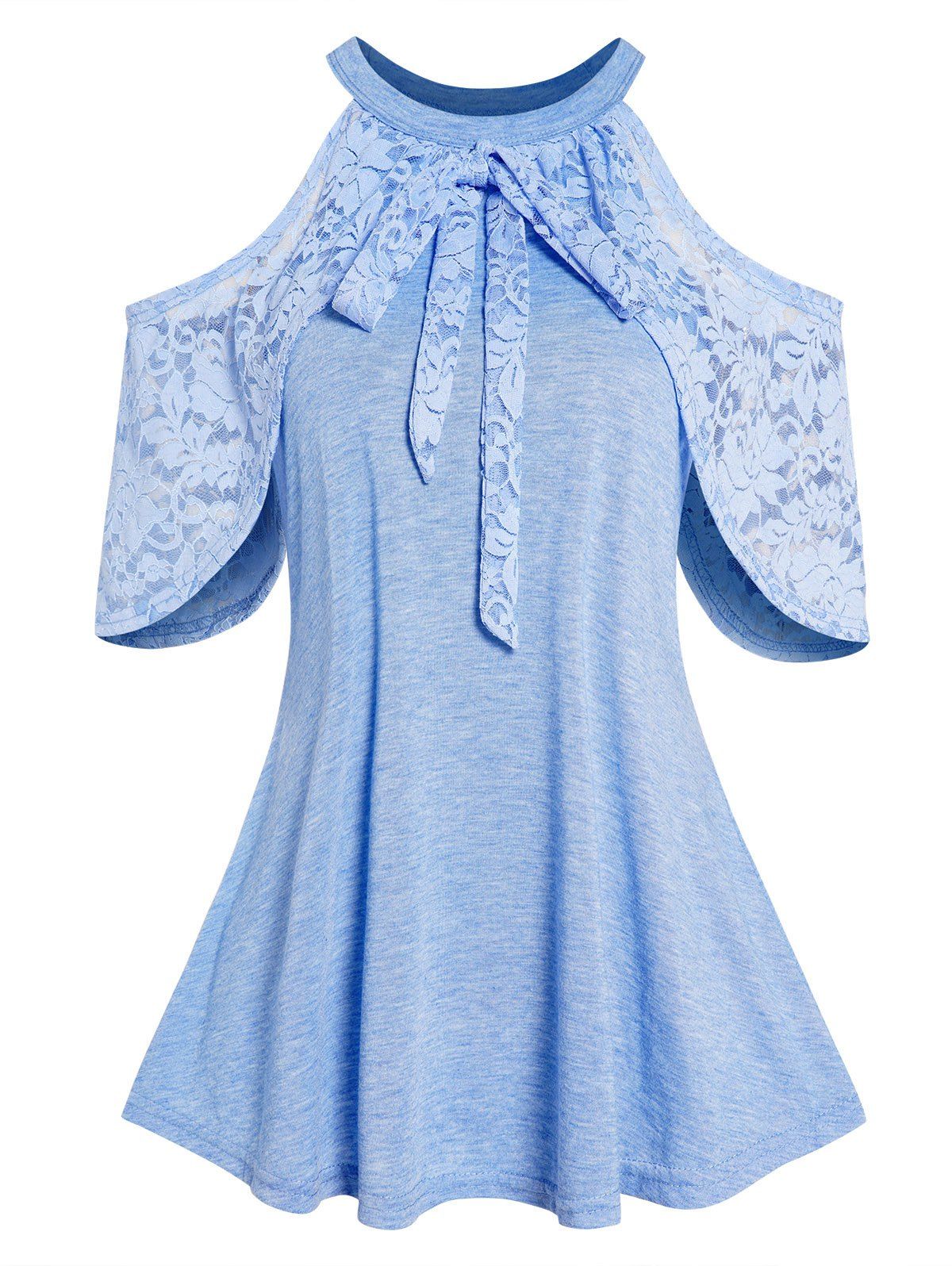 Cold Shoulder Lace Bowknot Top Short Sleeve Round Neck Casual Top - LIGHT BLUE L