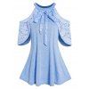 Cold Shoulder Lace Bowknot Top Short Sleeve Round Neck Casual Top - LIGHT BLUE S