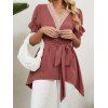 Chemisier Blouse Long Ceinturé Contrasté Panneau en Dentelle à Col V à Pois - Rouge XXL