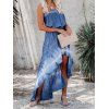 Tie Dye Dress Off The Shoulder High Waisted Shirred High Low Maxi Vacation Dress - BLUE L