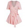 Solid Color Crossover Bowknot Self-belt Top V Neck Short Sleeve Casual Top - LIGHT PINK XXL
