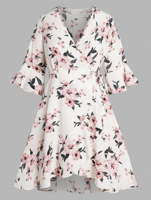 Plus Size Dress Vacation Wrap Dress Flower Print Tied Side Surplice Flounce Asymmetrical Hem Midi Dress