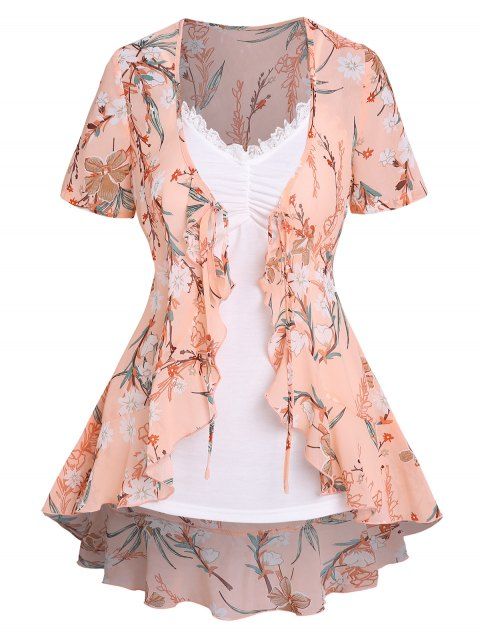 Flower Leaf Print High Low Tie Short Sleeve Top And Lace Insert Ruched Camisole Two Piece Set