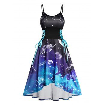 

Allover Galaxy Planets Moon Print High Low Dress Adjustable Straps Lace Up Strappy Dress, Light green