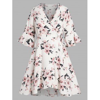 

Plus Size Dress Vacation Wrap Dress Flower Print Tied Side Surplice Flounce Asymmetrical Hem Midi Dress, White