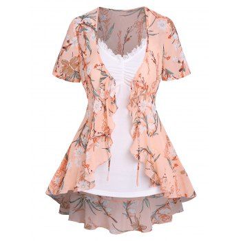 

Flower Leaf Print High Low Tie Short Sleeve Top And Lace Insert Ruched Camisole Two Piece Set, Light pink