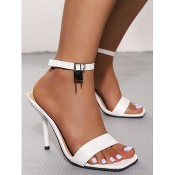 

Plain Color Square Open Toe Buckle Strap High Heels Trendy Sandals, White