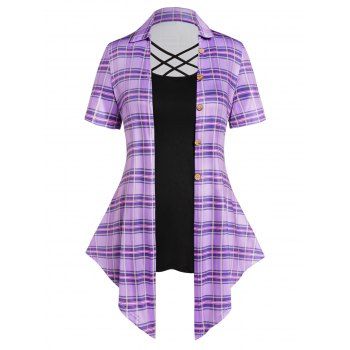 

Plus Size Faux Twinset T Shirt Plaid Print Crisscross Mock Button Colorblock T Shirt, Purple