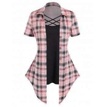 

Plus Size Faux Twinset T Shirt Plaid Print Crisscross Mock Button Colorblock T Shirt, Light pink