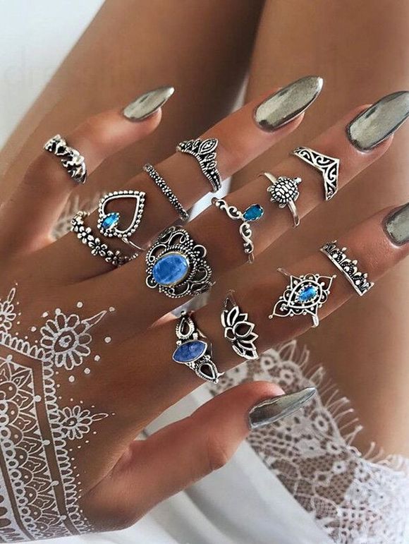 13 Pièces Ensemble de Bagues Tendance en Cristal Fantaisie Tortue Fleur Cœur - Argent 