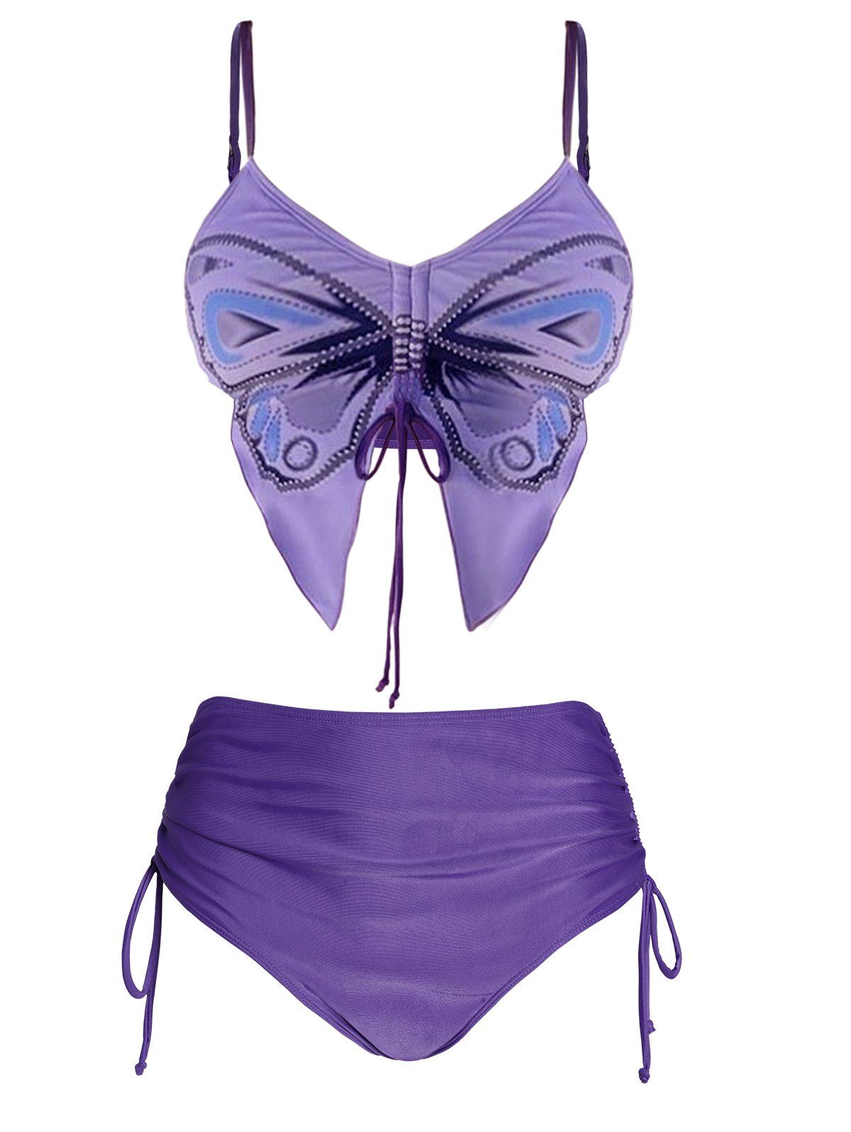 Butterfly Shape Bikini Swimsuit Cinched Padded Bikini Two Piece Swimwear High Waist Bathing Suit - LIGHT PURPLE S
