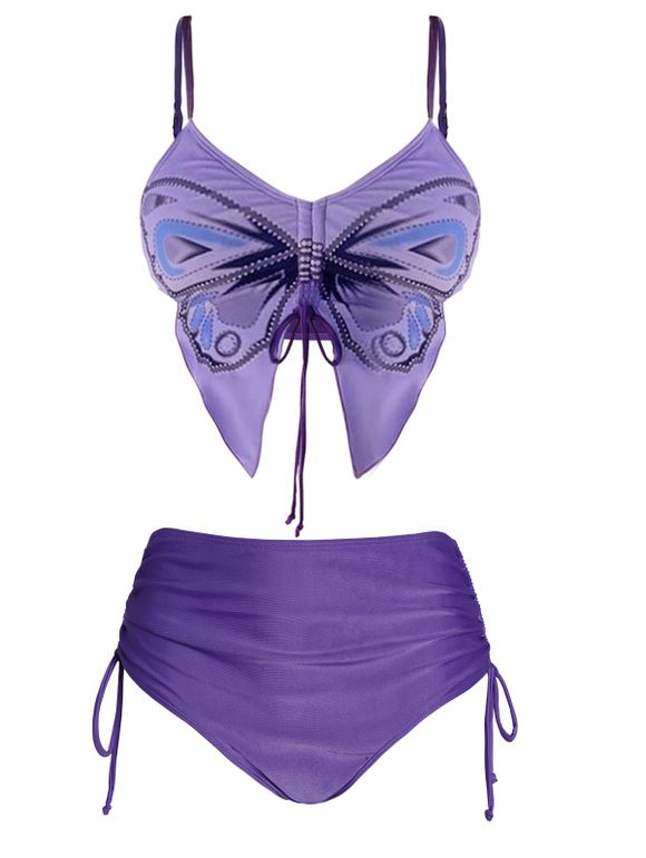 Ensemble de Bikini de Bain Matelassé en Forme de Papillon à Taille Haute Deux Pièces de Swimwear - Violet clair XL