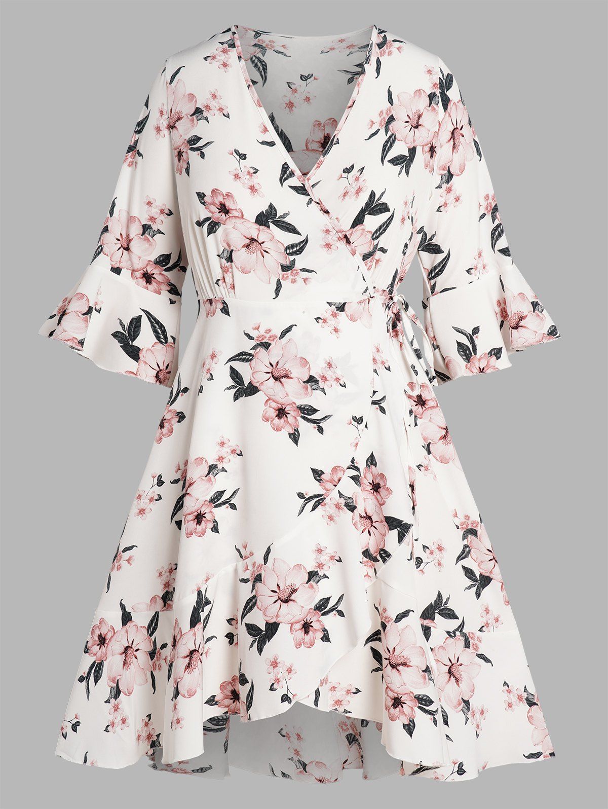Plus Size Dress Vacation Wrap Dress Flower Print Tied Side Surplice Flounce Asymmetrical Hem Midi Dress - WHITE L