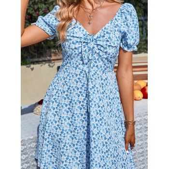 

Puff Sleeve Floral Dress Cinched Tie V Neck Cottagecore Mini Dress, Blue