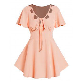 

Solid Color Cut Out Blouse Bowknot Tie High Waist Short Sleeve Blouse, Light orange