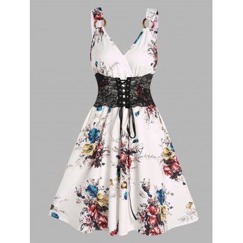 

Flower Print Dress Lace Corset Waist Lace Up Surplice Sleeveless V Neck A Line Mini Dress, White