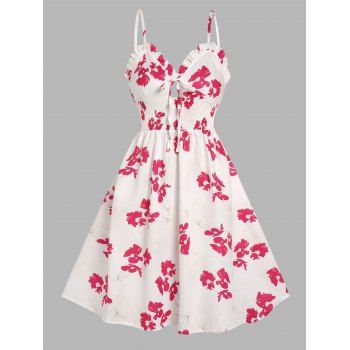 

Vacation Dress Flower Print Shirred Cut Out Empire Waist Ruffle Hem Sleeveless A Line Mini Dress, White