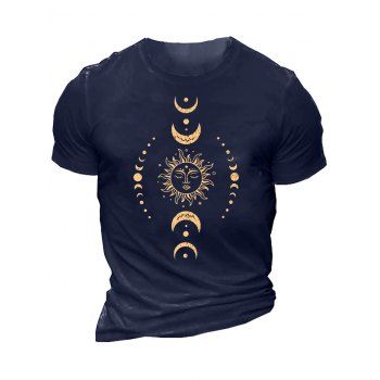 

Celestial Sun Moon Phase Print T-shirt Short Sleeve Round Neck Casual Tee, Blue