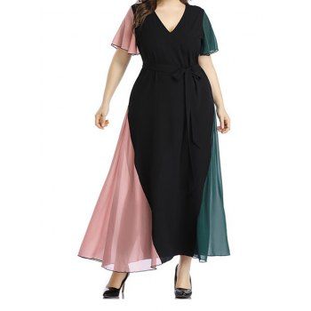 

Plus Size Dress Contrast Colorblock Belted V Neck Flutter Sleeve A Line Maxi Dress, Multicolor a