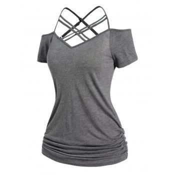 

Cold Shoulder Ruched T-shirt Crisscross Adjustable Strap Short Sleeve Tee, Dark gray