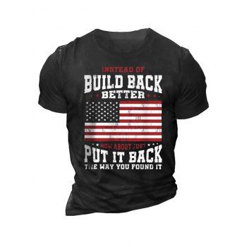 

American Flag Slogan Graphic T-shirt Round Neck Short Sleeve Casual Tee, Black