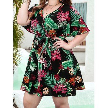 

Plus Size Mini Dress Tropical Flower Leaf Print Surplice Belted V Neck High Waisted A Line Vacation Dress, Black