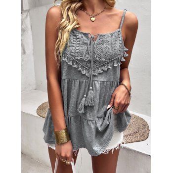 

Hollow Out Lace Panel Tank Top Heather Fringe Tiered Spaghetti Strap Casual Tank Top, Gray