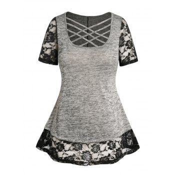 

Plus Size T Shirt Space Dye Lattice Strap Sheer Lace Panel Casual Tee, Gray