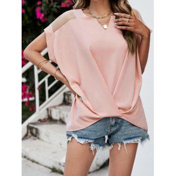 

Solid Color See Thru Mesh Panel Blouse Notched Cross Short Sleeve Blouse, Light pink