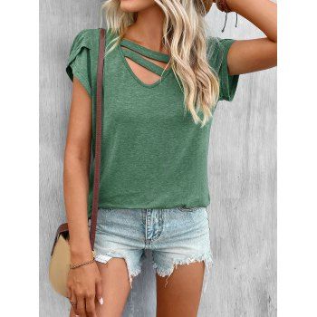 

Short Tulip Sleeve T-shirt Solid Color Ladder V Neck Casual Tee, Green