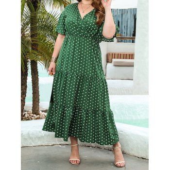 

Plus Size Maxi Dress Polka Dots Surplice Tiered High Waisted V Neck A Line Vacation Dress, Deep green