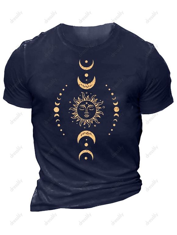 T-shirt Décontracté à Imprimé Etoile Lune et Soleil à Manches Courtes à Col Rond - Bleu M