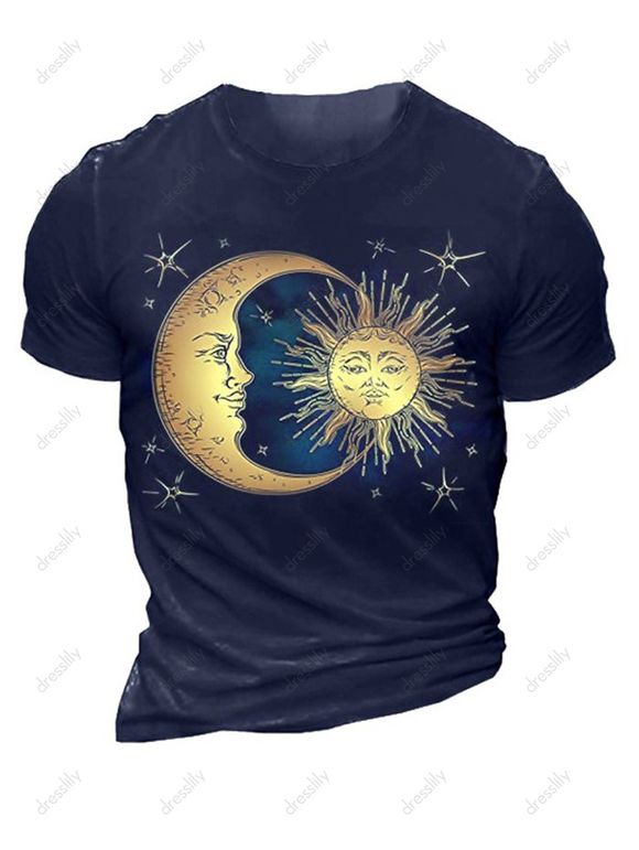 T-shirt Décontracté à Imprimé Etoile Lune et Soleil Manches Courtes à Col Rond - Bleu 3XL
