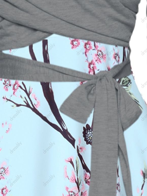 Ensemble de Robe Mi-Longue Ligne A Chinée à Imprimé Feuille et Fleur Deux Pièces et Top Court - Bleu clair S