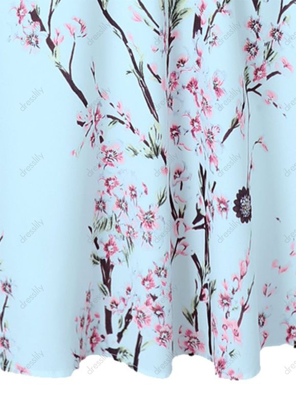 Ensemble de Robe Mi-Longue Ligne A Chinée à Imprimé Feuille et Fleur Deux Pièces et Top Court - Bleu clair S