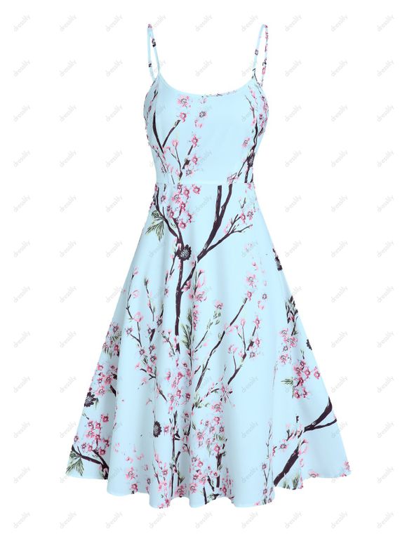 Ensemble de Robe Mi-Longue Ligne A Chinée à Imprimé Feuille et Fleur Deux Pièces et Top Court - Bleu clair S