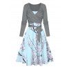 Flower Leaf Print A Line Midi Cami Dress And Heather Crossover Tied Cropped Top Two Piece Outfit - LIGHT BLUE XXL