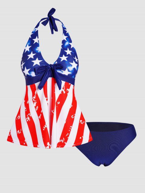 American Flag Print Halter Tankini Swimsuit Padded Modest Swimwear Boyleg Bathing Suit