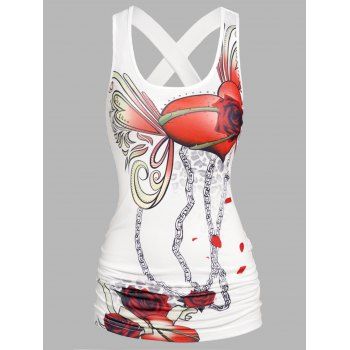 

Flower Heart Print Tank Top Crossover Ruched Casual Tank Top, White